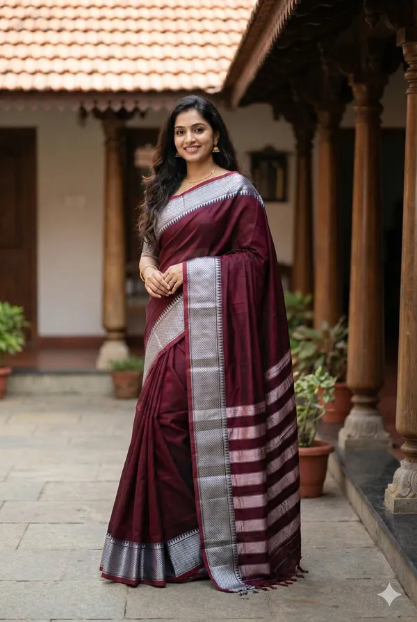 Maroon_100%_Cotton_Silver_Saree_For_Women