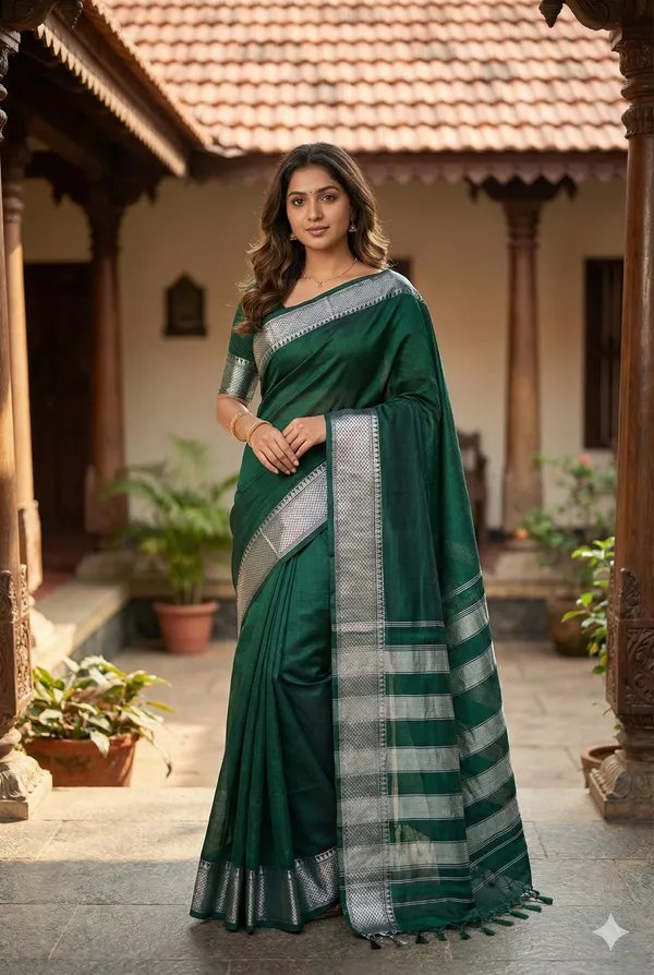 Green_100%_Cotton_Silver_Saree_For_Women