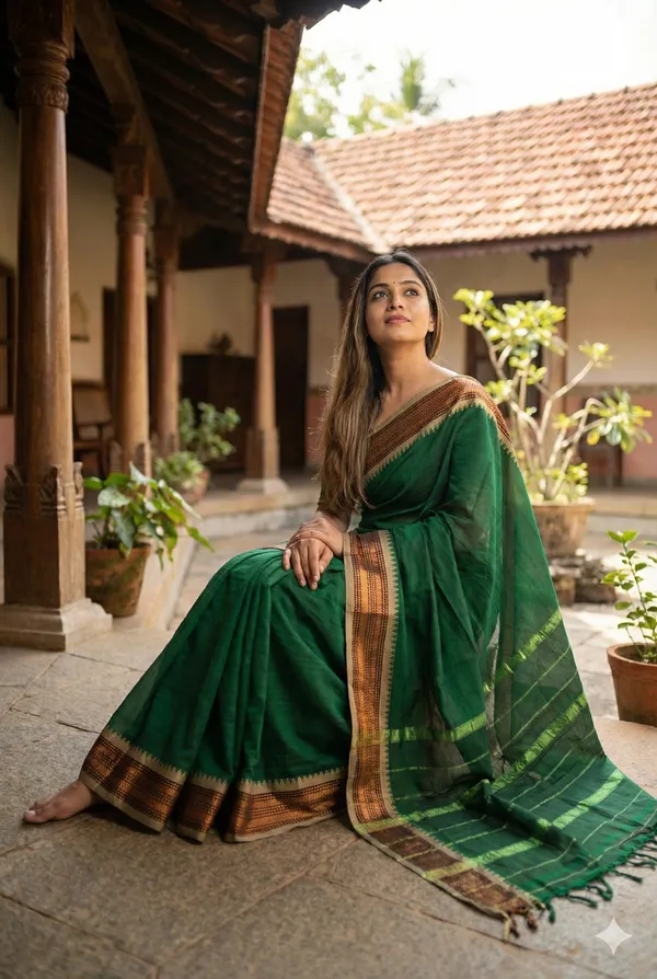 Green_Cotton_Small_Zari_Border_Narayanpet_Saree_For_Women