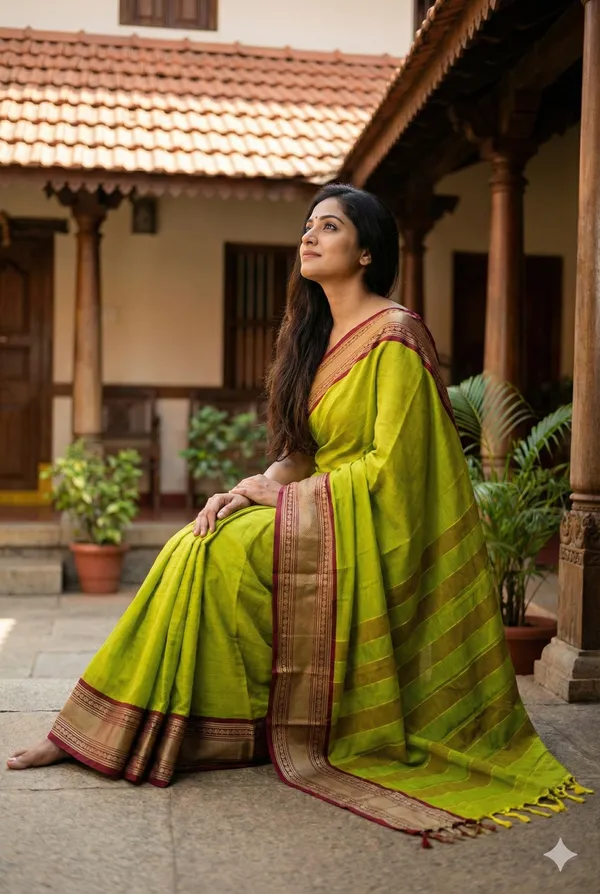 Mehendi_Green_Cotton_Thread_Border_100%_Saree_For_Women