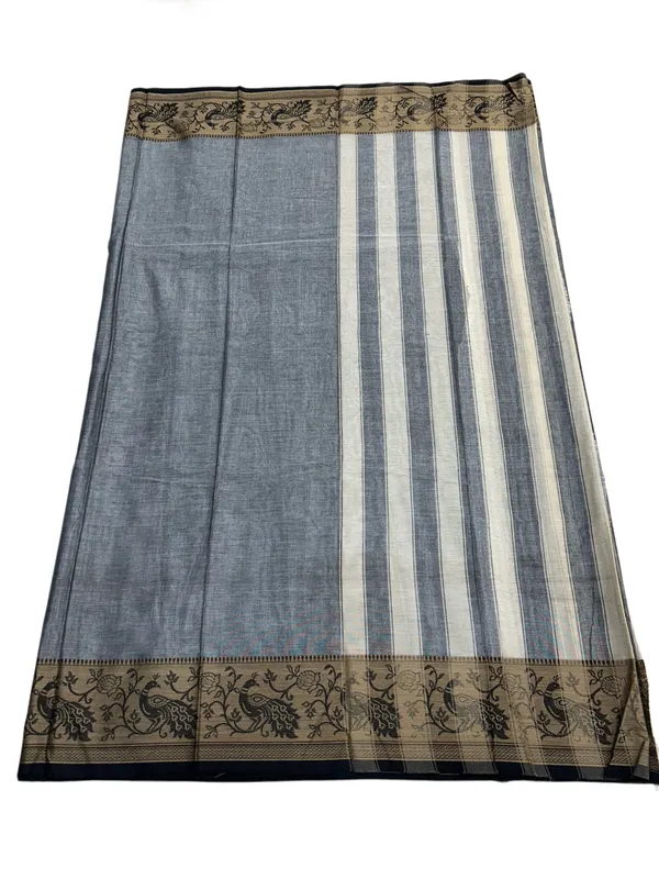 Grey_100%_Pure_Cotton_Peocock_Border_Saree_For_Women