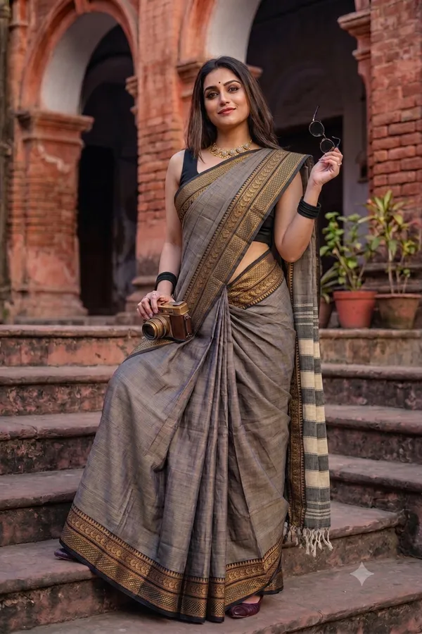Handloom_Ilkal_Cotton_Silk_Saree_|_Grey_Body_with_Black_&_Gold_Traditional_Zari_Border_|_with_Blouse_|_Soft_Lightweight_Ethnic_Saree_with_Running_Blouse_Piece_|_6.2_Meter