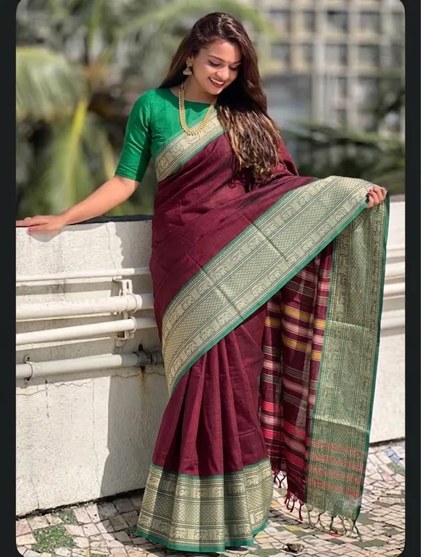 Maroon_Cotton_Silk_Saree_with_Emerald_Green_Zari_Border,_Elephant_Motifs_&_Striped_Pallu_(Unstitched_Blouse_Piece_Included)