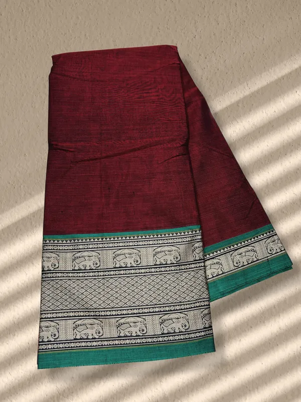 Maroon_Cotton_Silk_Saree_with_Emerald_Green_Zari_Border,_Elephant_Motifs_&_Striped_Pallu_(Unstitched_Blouse_Piece_Included)