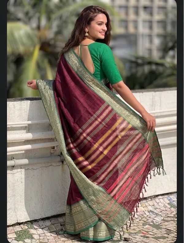 Maroon_Cotton_Silk_Saree_with_Emerald_Green_Zari_Border,_Elephant_Motifs_&_Striped_Pallu_(Unstitched_Blouse_Piece_Included)