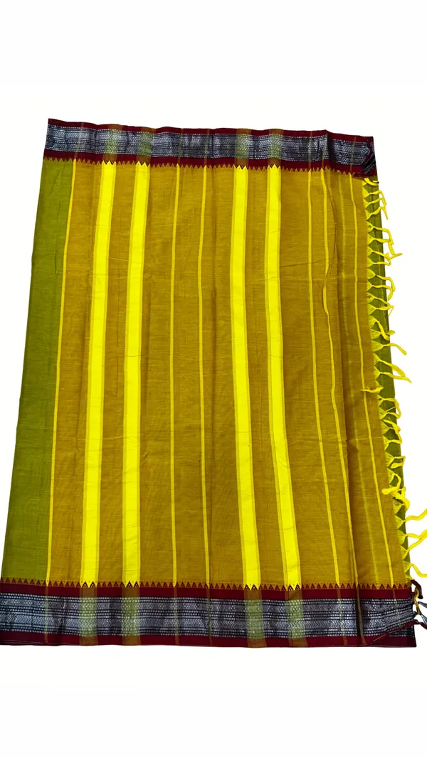Mehendi_small_silver_Narayanpet_Pure_Cotton_Saree_6.20_m_with_Running_Blouse_Piece_|_Soft_Lightweight_Handloom_Saree_|_Maroon_Temple_Border_&_Olive_Green_Body_|_Traditional_Daily_Wear,_Office,_Festival_&_Casual_Wear