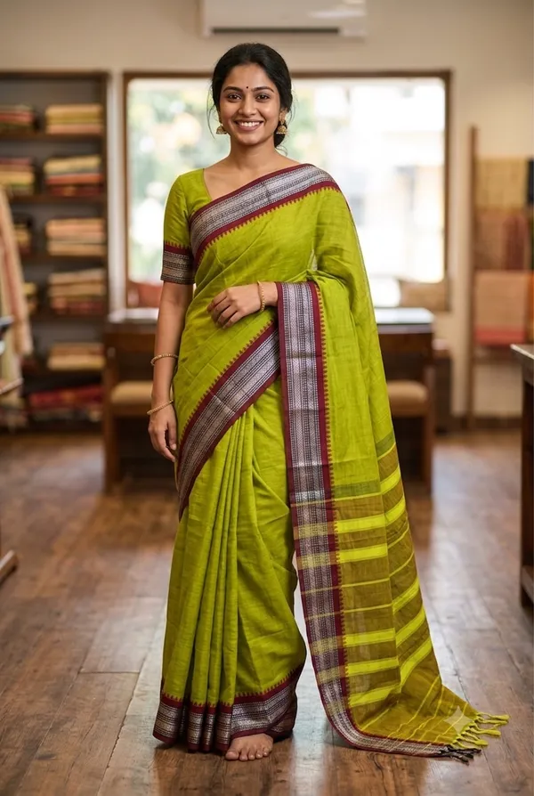 Mehendi_small_silver_Narayanpet_Pure_Cotton_Saree_6.20_m_with_Running_Blouse_Piece_|_Soft_Lightweight_Handloom_Saree_|_Maroon_Temple_Border_&_Olive_Green_Body_|_Traditional_Daily_Wear,_Office,_Festival_&_Casual_Wear
