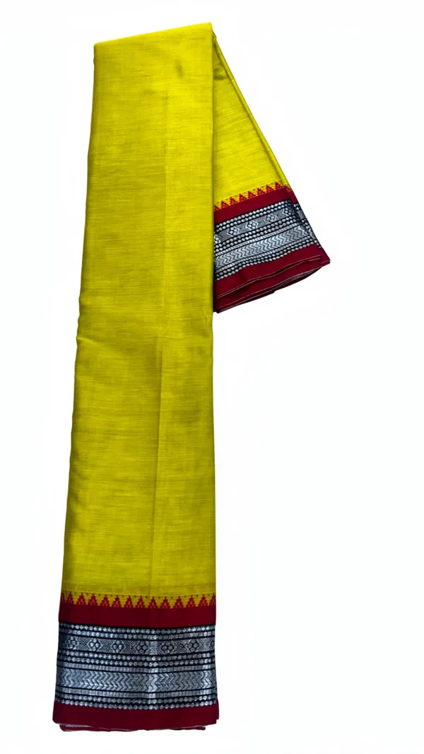 Mehendi_small_silver_Narayanpet_Pure_Cotton_Saree_6.20_m_with_Running_Blouse_Piece_|_Soft_Lightweight_Handloom_Saree_|_Maroon_Temple_Border_&_Olive_Green_Body_|_Traditional_Daily_Wear,_Office,_Festival_&_Casual_Wear
