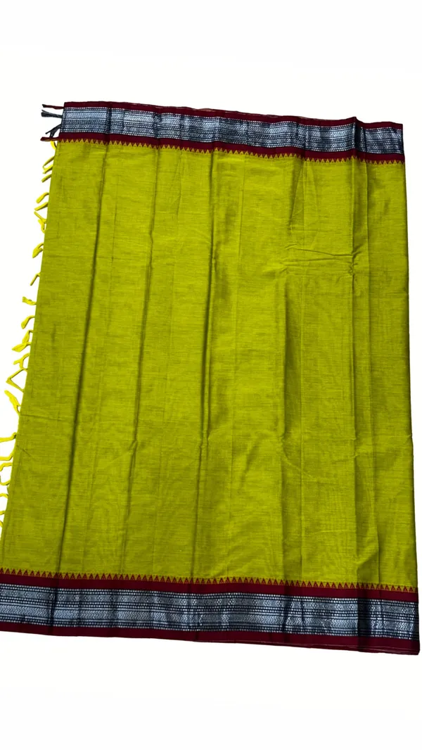 Mehendi_small_silver_Narayanpet_Pure_Cotton_Saree_6.20_m_with_Running_Blouse_Piece_|_Soft_Lightweight_Handloom_Saree_|_Maroon_Temple_Border_&_Olive_Green_Body_|_Traditional_Daily_Wear,_Office,_Festival_&_Casual_Wear