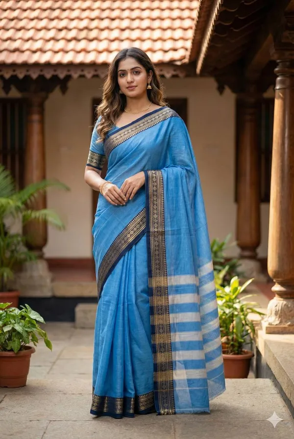 Sky_Blue_Narayanpet_Cotton_Small_Rudraskhi_Border_Saree_For_Women