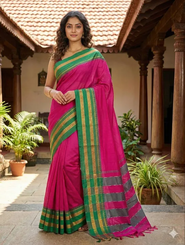 Pink_100%_Cotton_Border_Saree_For_Women