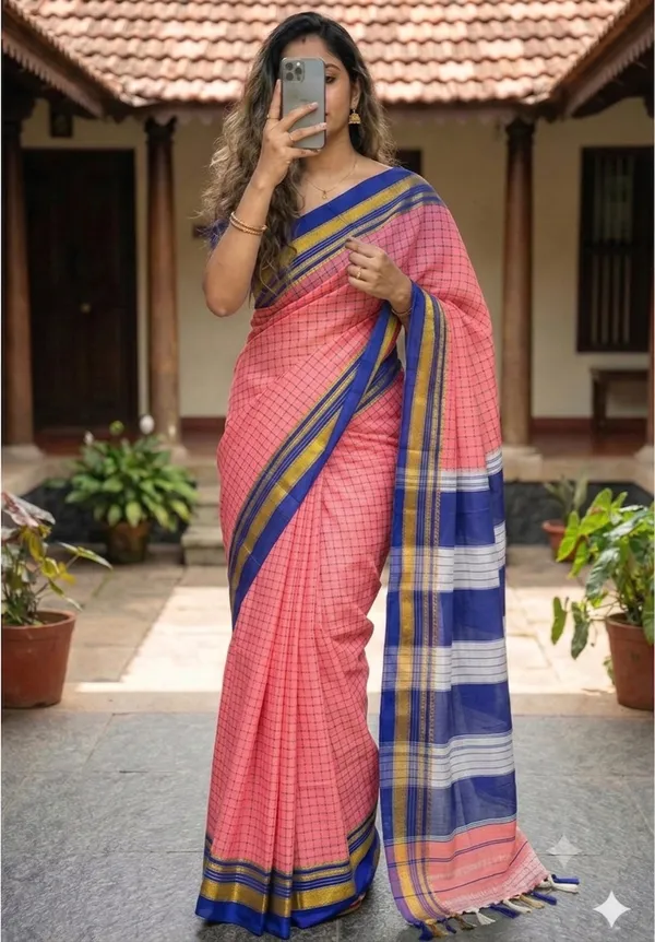 Narayanpet_Pure_Cotton_Saree_for_Women_|_Pink_Checks_Body_with_Royal_Blue_&_Gold_Zari_Border_|_Traditional_Handloom_Saree_with_Running_Blouse_Piece_|_Soft,_Lightweight_&_Comfortable