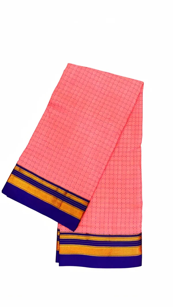 Narayanpet_Pure_Cotton_Saree_for_Women_|_Pink_Checks_Body_with_Royal_Blue_&_Gold_Zari_Border_|_Traditional_Handloom_Saree_with_Running_Blouse_Piece_|_Soft,_Lightweight_&_Comfortable