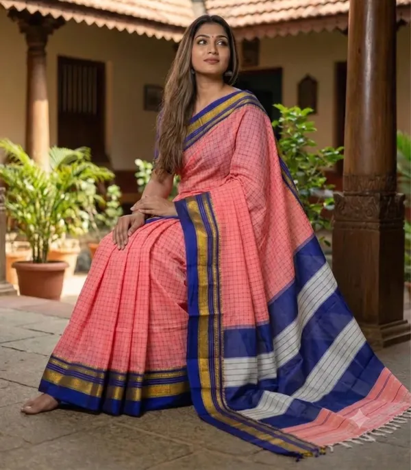 Narayanpet_Pure_Cotton_Saree_for_Women_|_Pink_Checks_Body_with_Royal_Blue_&_Gold_Zari_Border_|_Traditional_Handloom_Saree_with_Running_Blouse_Piece_|_Soft,_Lightweight_&_Comfortable