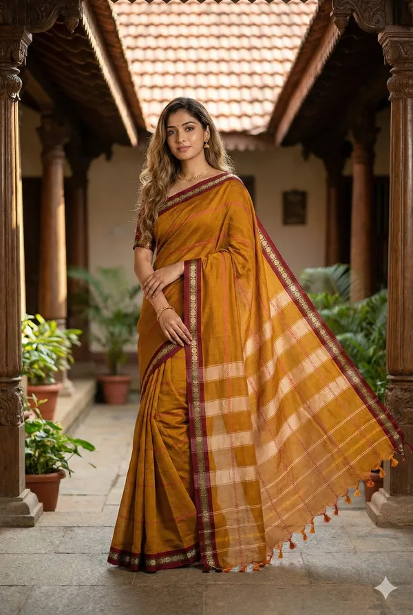 Golden_Narayanpet_Pure_Handloom_Small_Border_Saree_For_Women