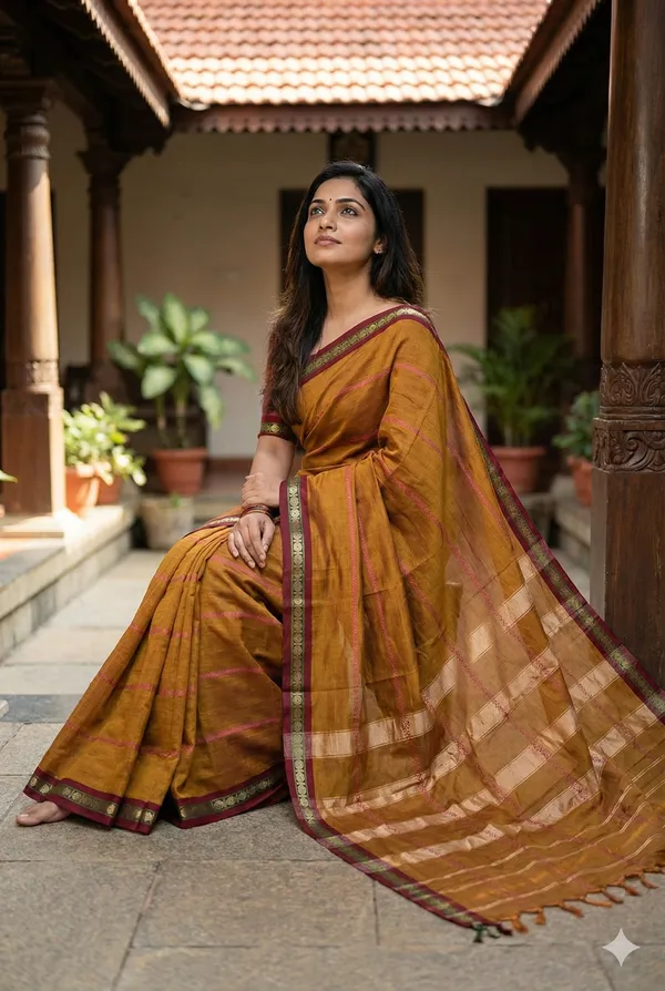 Golden_Narayanpet_Pure_Handloom_Small_Border_Saree_For_Women