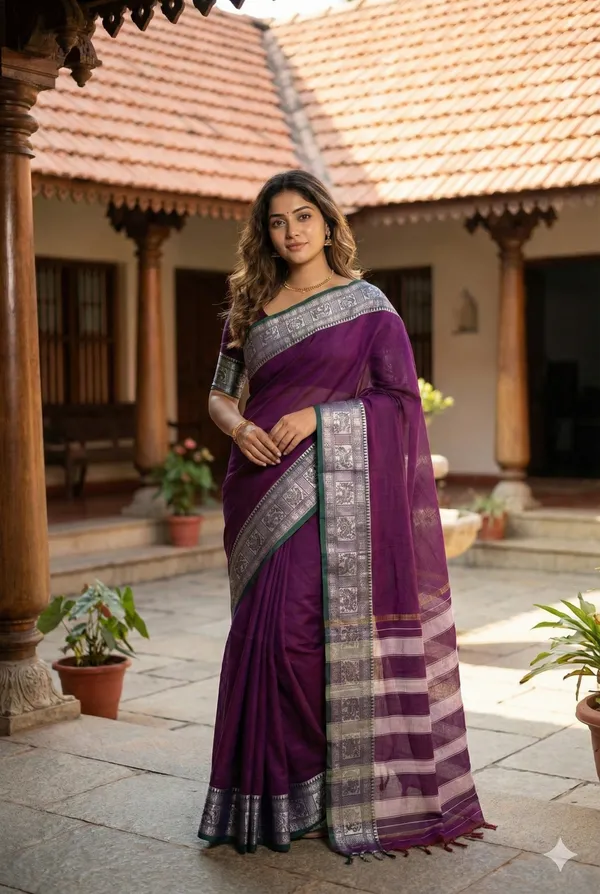 Megenta_Narayanpet_Silver_Zari_With_Elephant_And_Peocock_Saree_For_Women