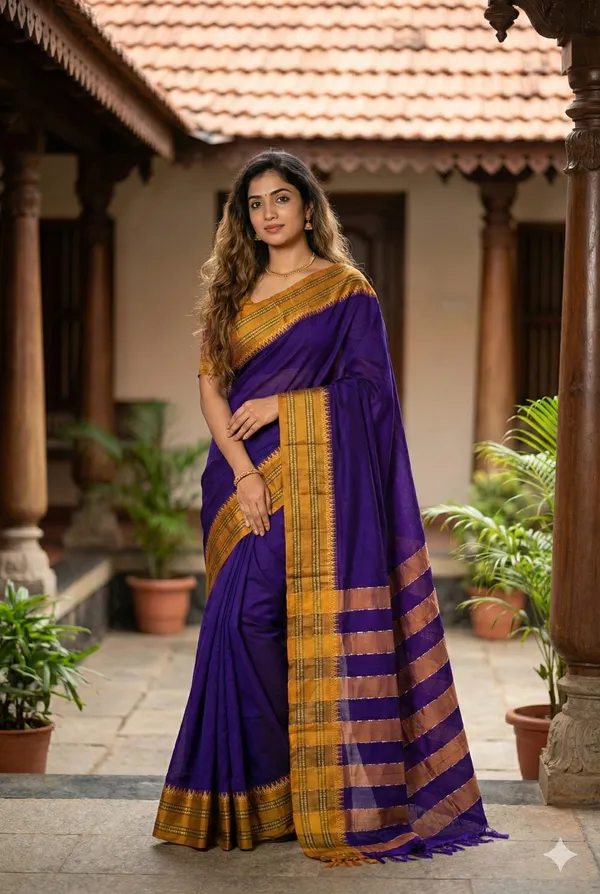 Purple_Blue_100%_Cotton__Borderd_Saree_For_Women