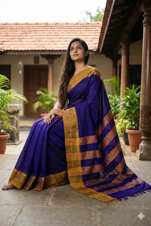 Purple_Blue_100%_Cotton__Borderd_Saree_For_Women