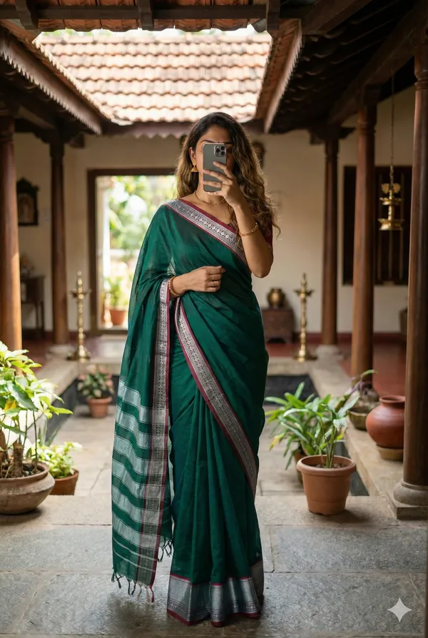 Green_Big_Silver_Bordered_Narayanpet_Cotton_Saree_For_Women