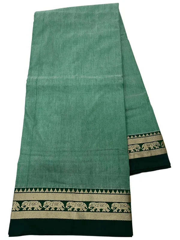 Onion_Light_Green_Pure_Mercerised_Cotton_Saree_with_Small_Elephant_Border_|_6.20m_Length_with_Running_Blouse_|_Soft_Lightweight_Traditional_Wear