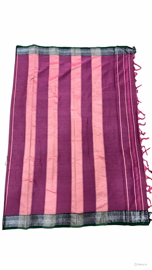 Pink_Purple_Narayanpet_Handloom_Saree_for_Women_|_Silver_Zari_Border_with_Green_Contrast_|_Traditional_Striped_Pallu_|_Soft_Pure_Handloom_Cotton_|_Running_Blouse_Piece_|_Shantala_Handloom