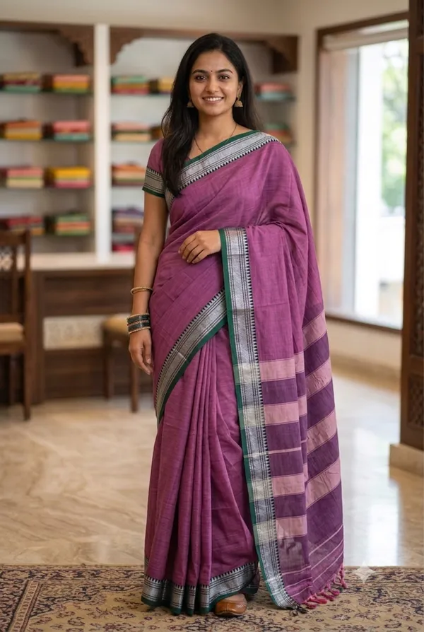 Pink_Purple_Narayanpet_Handloom_Saree_for_Women_|_Silver_Zari_Border_with_Green_Contrast_|_Traditional_Striped_Pallu_|_Soft_Pure_Handloom_Cotton_|_Running_Blouse_Piece_|_Shantala_Handloom