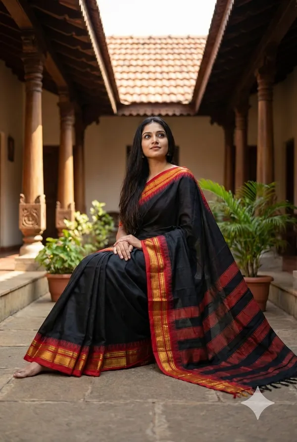 Pure_Narayanpet_Cotton_Saree_for_Women_Black_with_Temple_Border_|_Traditional_Handloom_South_Indian_Saree_|_Soft_Cotton_|_6.2_Meters_with_Blouse_Piece
