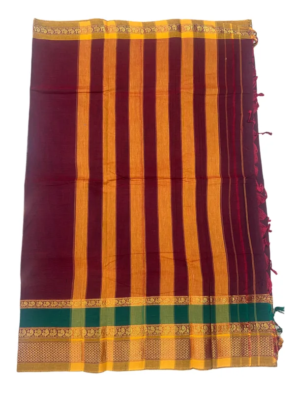 Maroon_Pure_Cotton_Double_Peocock_Border_Saree_For_Women