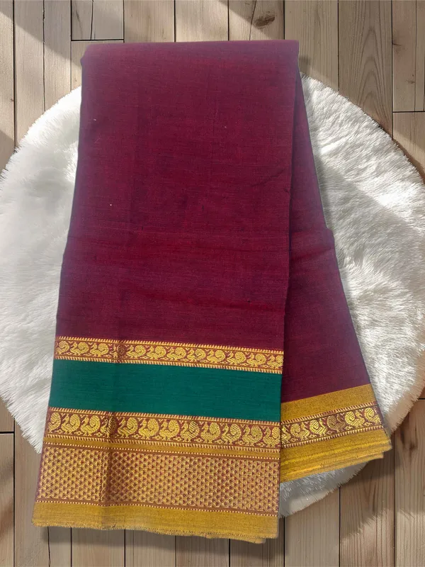 Maroon_Pure_Cotton_Double_Peocock_Border_Saree_For_Women