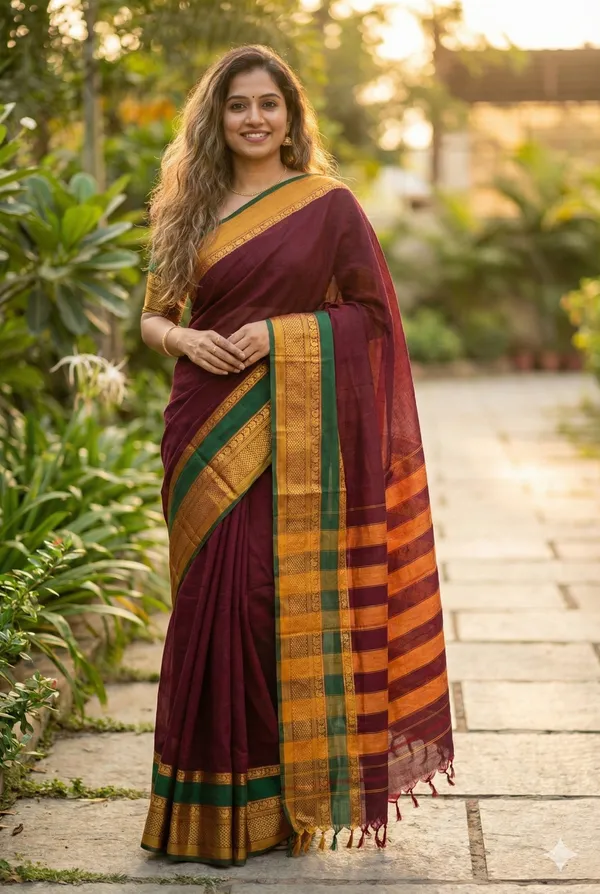 Maroon_Pure_Cotton_Double_Peocock_Border_Saree_For_Women