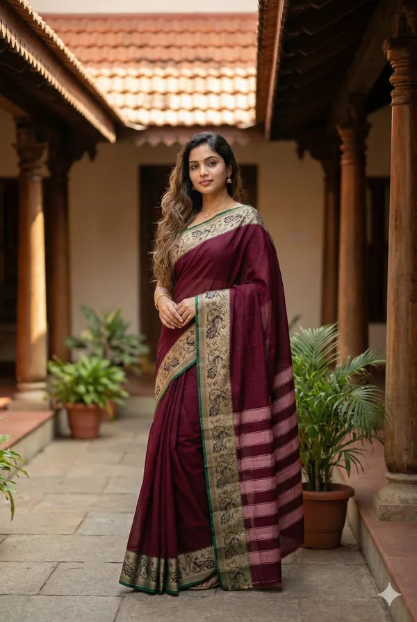 Maroon_100%_Pure_Cotton_Peocock_Border_Saree_For_Women