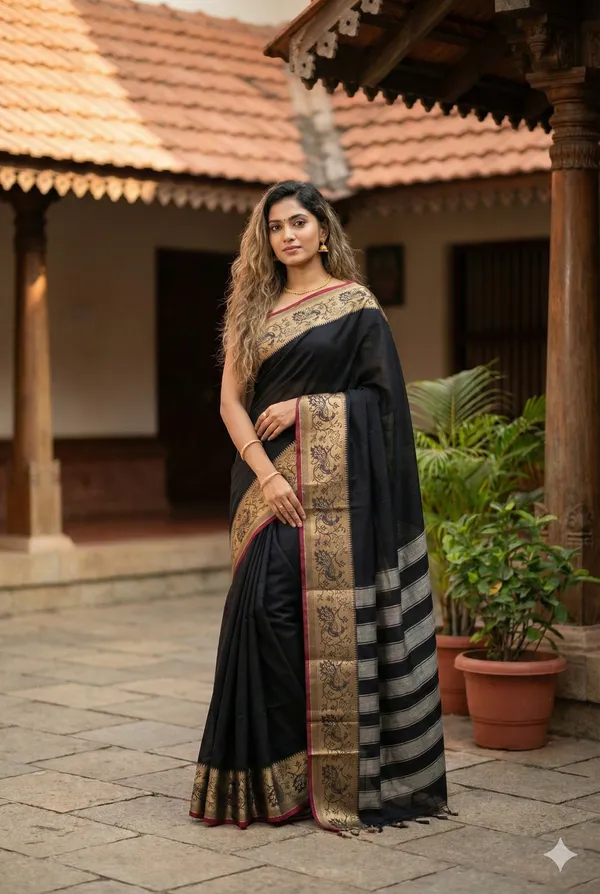 Black_100%_Pure_Cotton_Peocock_Border_Saree_For_Women