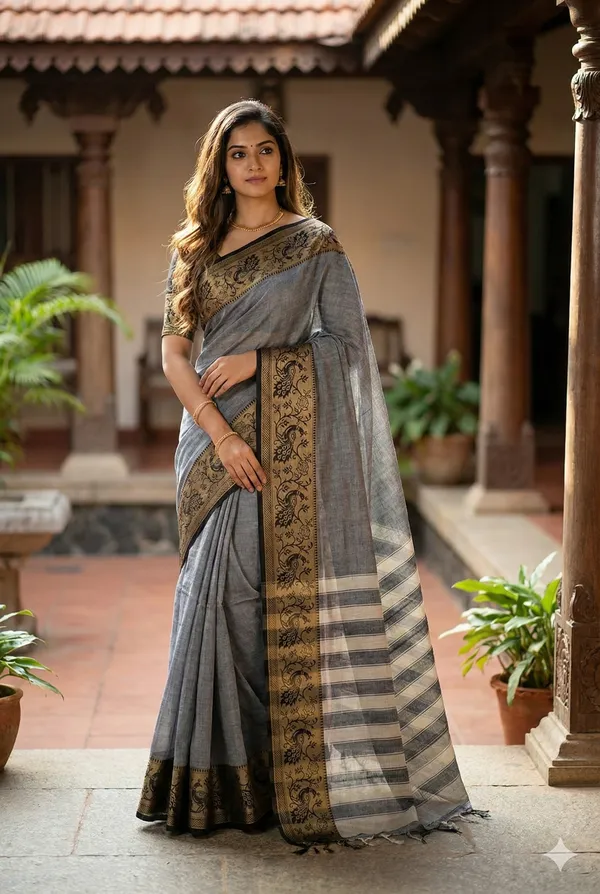 Grey_100%_Pure_Cotton_Peocock_Border_Saree_For_Women