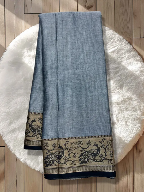 Grey_100%_Pure_Cotton_Peocock_Border_Saree_For_Women