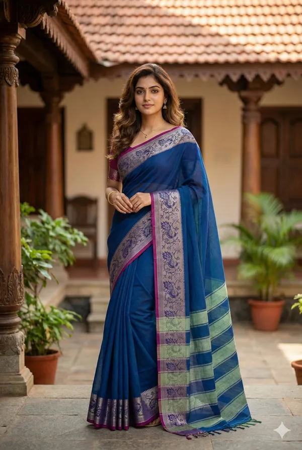 Blue_100%_Pure_Cotton_Peocock_Border_Saree_For_Women