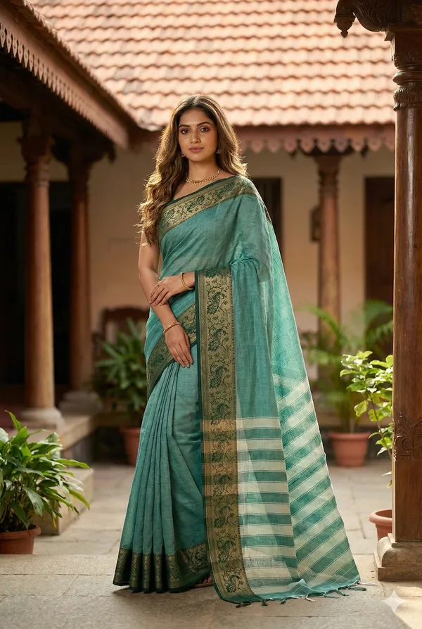 Onion_Green_100%_Pure_Cotton_Peocock_Border_Saree_For_Women