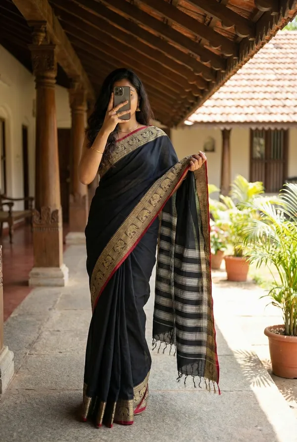 Black_Pure_Naraynpet_Cotton_Golden_Zari_Elephant_+_Peocock_Saree_For_Women