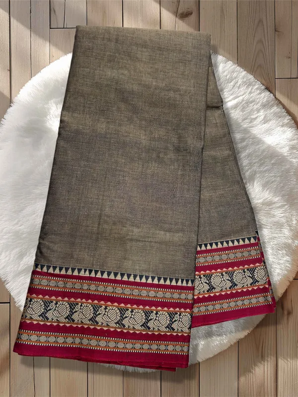 Brown_Small_Peocock_Border_Pure_Cotton_Saree_For_Women