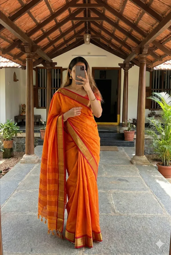 Orange_Small_Zari_Bordered_Narayanpet_Saree_For_Women