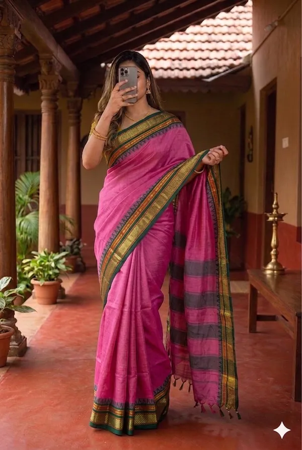 Temple_Border_Narayanpet_Cotton_Saree_with_Running_Blouse_(6.20m)_|_Traditional_Handloom_Style_|_Lightweight_Daily_Wear_Saree
