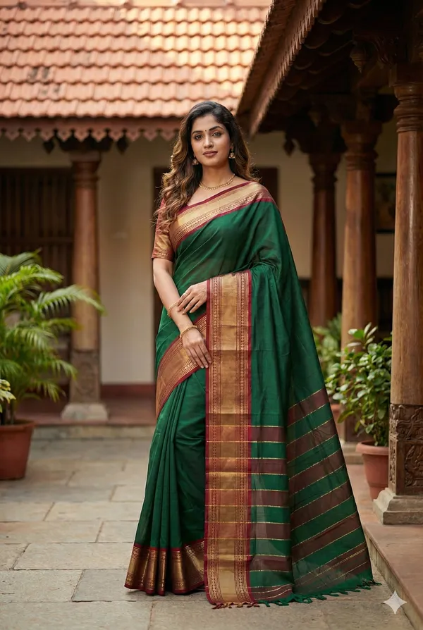 Green_Thread_Borders_Naraynpet_100%_Cotton__Saree_For_Women