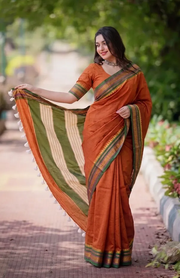 Traditional_Cotton-Blend_Saree_with_Striped_Pallu_and_Tassels_-_Rust_Orange_&_Green