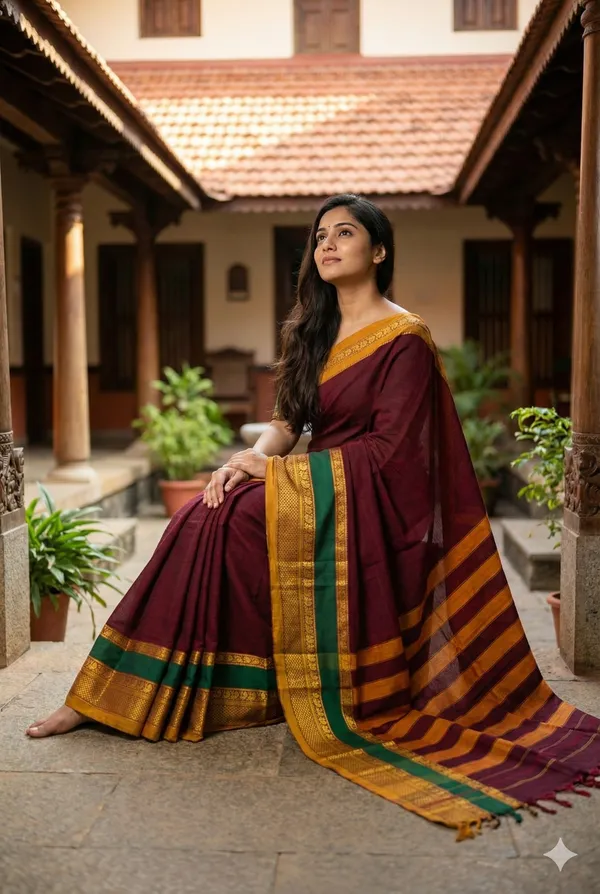 Maroon_Pure_Cotton_Double_Peocock_Border_Saree_For_Women