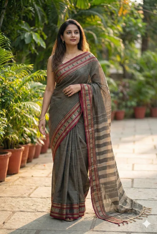 Brown_Small_Peocock_Border_Pure_Cotton_Saree_For_Women