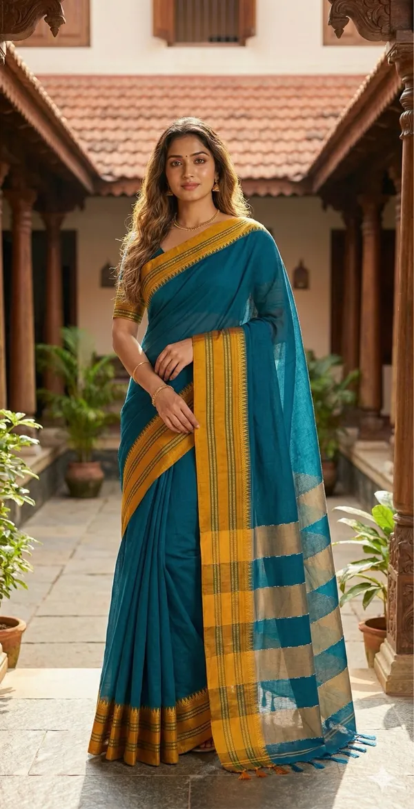 Mustard_&_Blue_100%_Cotton_Border_Saree_For_Women