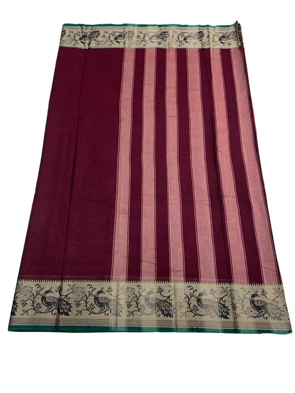 Maroon_100%_Pure_Cotton_Peocock_Border_Saree_For_Women