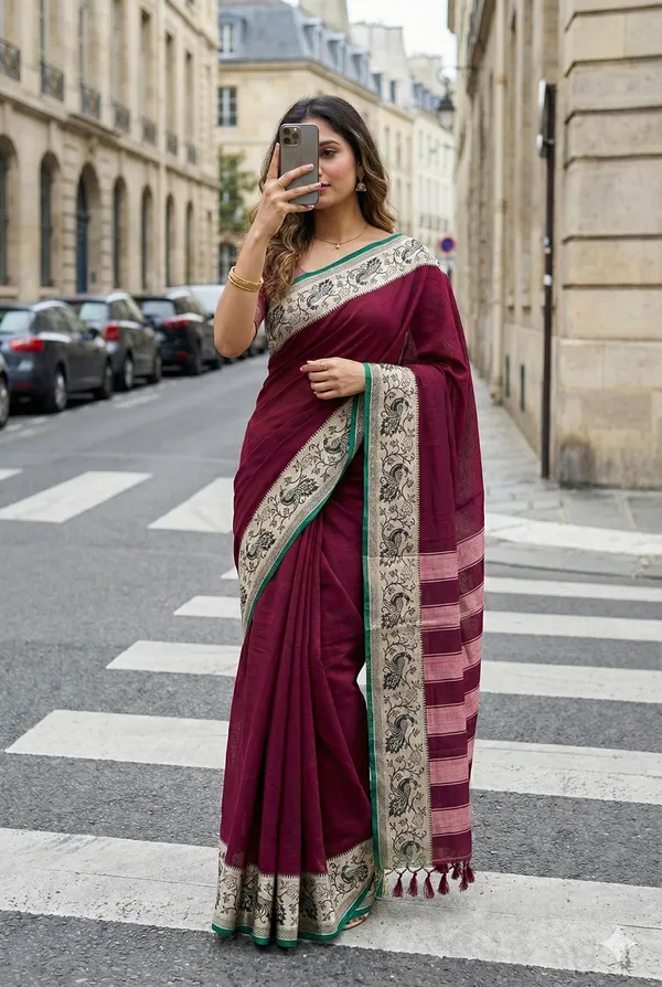 Maroon_100%_Pure_Cotton_Peocock_Border_Saree_For_Women