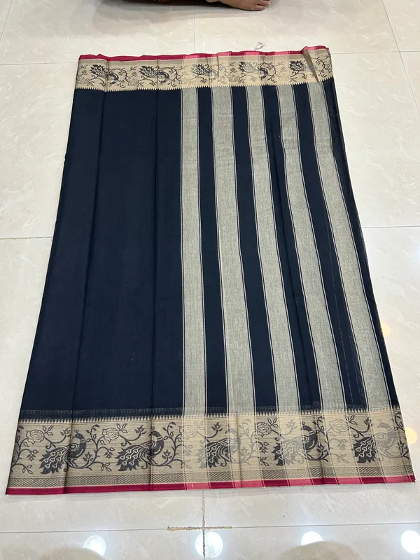 Black_100%_Pure_Cotton_Peocock_Border_Saree_For_Women