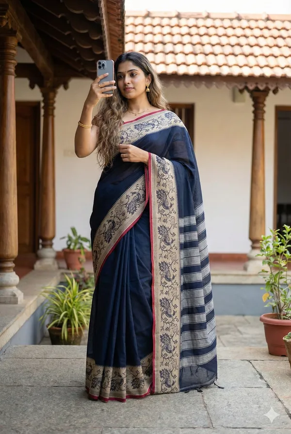Black_100%_Pure_Cotton_Peocock_Border_Saree_For_Women